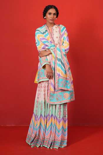 Swati Vijaivargie Multi Color Silk Round Neck, Yes Ivory Chevron Butterfly Sharara Set at Aza Fashions Swati Vijaivargie_Multi Color Silk Round Neck, Yes Ivory Chevron Butterfly Sharara Set _at_Aza_Fashions