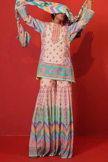 Buy Swati Vijaivargie Multi Color Silk Round Neck, Yes Ivory Chevron Butterfly Sharara Set Buy_Swati Vijaivargie_Multi Color Silk Round Neck, Yes Ivory Chevron Butterfly Sharara Set