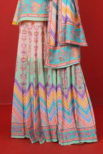 Shop Swati Vijaivargie Multi Color Silk Round Neck, Yes Ivory Chevron Butterfly Sharara Set Shop_Swati Vijaivargie_Multi Color Silk Round Neck, Yes Ivory Chevron Butterfly Sharara Set