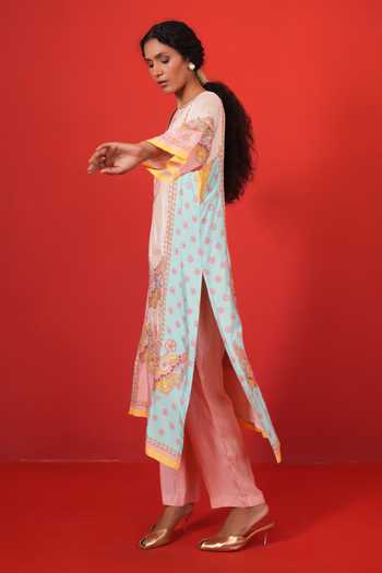 Swati Vijaivargie Multi Color Silk Split V-neck Ivory Marodi Butterfly Kurta Set Online at Aza Fashions Swati Vijaivargie_Multi Color Silk Split V-neck Ivory Marodi Butterfly Kurta Set _Online_at_Aza_Fashions