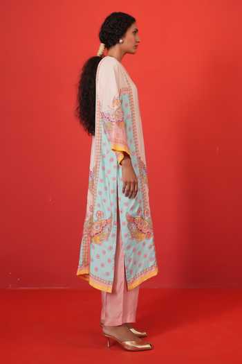 Buy Swati Vijaivargie Multi Color Silk Split V-neck Ivory Marodi Butterfly Kurta Set Online at Aza Fashions Buy_Swati Vijaivargie_Multi Color Silk Split V-neck Ivory Marodi Butterfly Kurta Set _Online_at_Aza_Fashions