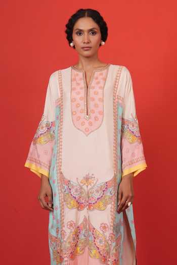 Buy Swati Vijaivargie Multi Color Silk Split V-neck Ivory Marodi Butterfly Kurta Set Buy_Swati Vijaivargie_Multi Color Silk Split V-neck Ivory Marodi Butterfly Kurta Set