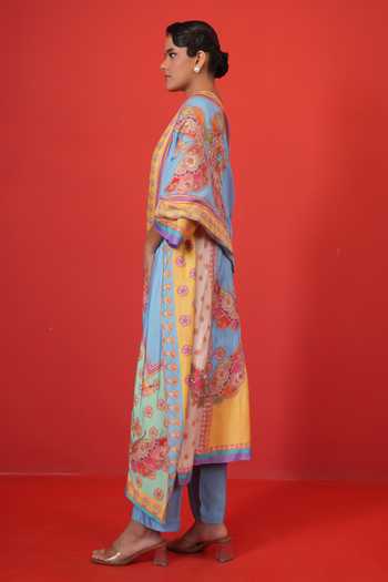 Swati Vijaivargie Multi Color Silk Split V-neck, Yes Blue Panel Kurta Set Online at Aza Fashions Swati Vijaivargie_Multi Color Silk Split V-neck, Yes Blue Panel Kurta Set _Online_at_Aza_Fashions