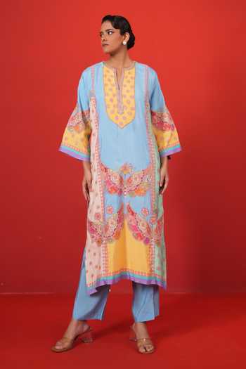 Buy Swati Vijaivargie Multi Color Silk Split V-neck, Yes Blue Panel Kurta Set Online at Aza Fashions Buy_Swati Vijaivargie_Multi Color Silk Split V-neck, Yes Blue Panel Kurta Set _Online_at_Aza_Fashions