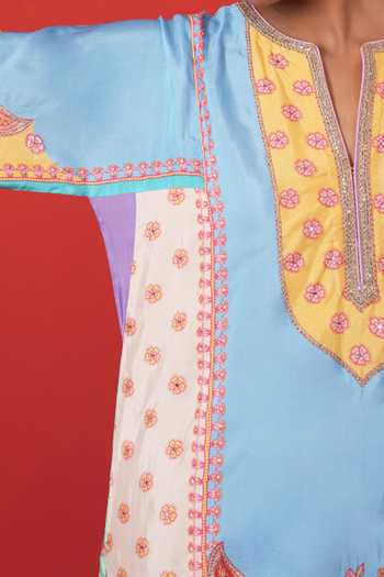 Shop Swati Vijaivargie Multi Color Silk Split V-neck, Yes Blue Panel Kurta Set Online at Aza Fashions Shop_Swati Vijaivargie_Multi Color Silk Split V-neck, Yes Blue Panel Kurta Set _Online_at_Aza_Fashions