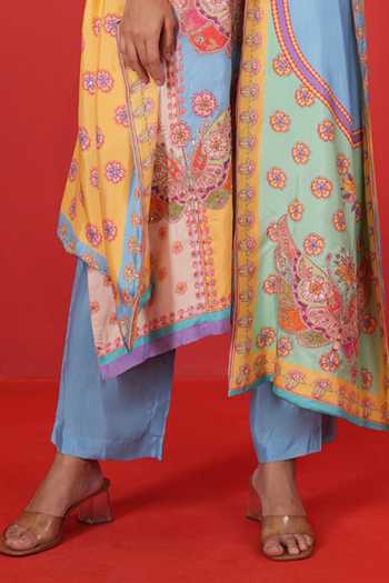 Buy Swati Vijaivargie Multi Color Silk Split V-neck, Yes Blue Panel Kurta Set Buy_Swati Vijaivargie_Multi Color Silk Split V-neck, Yes Blue Panel Kurta Set