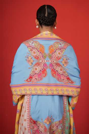 Shop Swati Vijaivargie Multi Color Silk Split V-neck, Yes Blue Panel Kurta Set Shop_Swati Vijaivargie_Multi Color Silk Split V-neck, Yes Blue Panel Kurta Set