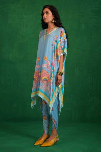 Swati Vijaivargie Blue Satin, Modal Mirrors, Embroidery V-neck Butterfly Poncho And Dhoti Pant Set Online at Aza Fashions Swati Vijaivargie_Blue Satin, Modal Mirrors, Embroidery V-neck Butterfly Poncho And Dhoti Pant Set _Online_at_Aza_Fashions