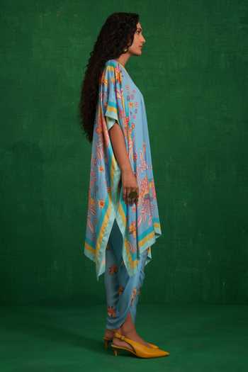 Buy Swati Vijaivargie Blue Satin, Modal Mirrors, Embroidery V-neck Butterfly Poncho And Dhoti Pant Set Online at Aza Fashions Buy_Swati Vijaivargie_Blue Satin, Modal Mirrors, Embroidery V-neck Butterfly Poncho And Dhoti Pant Set _Online_at_Aza_Fashions