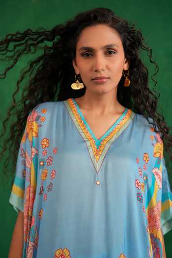 Swati Vijaivargie Blue Satin, Modal Mirrors, Embroidery V-neck Butterfly Poncho And Dhoti Pant Set at Aza Fashions Swati Vijaivargie_Blue Satin, Modal Mirrors, Embroidery V-neck Butterfly Poncho And Dhoti Pant Set _at_Aza_Fashions