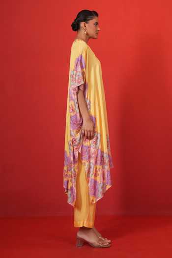 Swati Vijaivargie_Yellow Bemberg, Modal, Satin, Silk Embroidery Butterfly Long Poncho And Pant Set _Online_at_Aza_Fashions