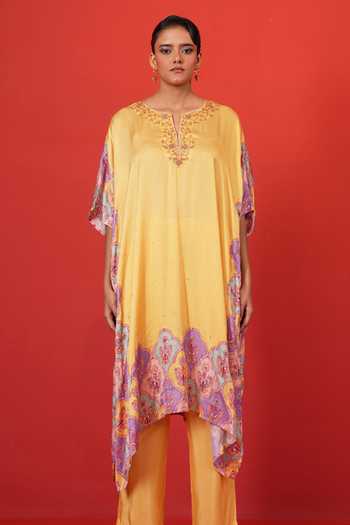 Buy_Swati Vijaivargie_Yellow Bemberg, Modal, Satin, Silk Embroidery Butterfly Long Poncho And Pant Set _Online_at_Aza_Fashions