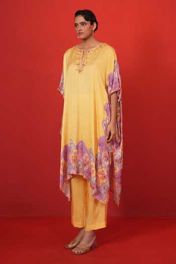 Shop_Swati Vijaivargie_Yellow Bemberg, Modal, Satin, Silk Embroidery Butterfly Long Poncho And Pant Set _Online_at_Aza_Fashions