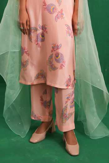 Swati Vijaivargie_Pink Silk, Organza Split V-neck Printed Embroidered Buta Jaal Kurta Set _Online_at_Aza_Fashions