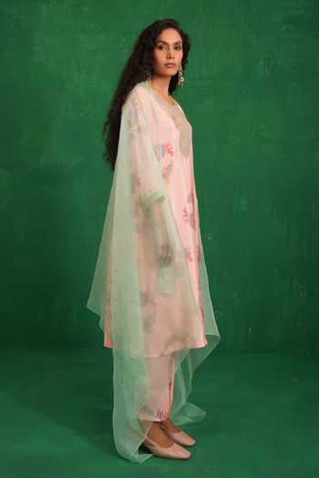 Shop_Swati Vijaivargie_Pink Silk, Organza Split V-neck Printed Embroidered Buta Jaal Kurta Set _Online_at_Aza_Fashions