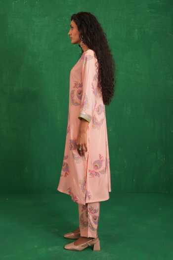 Buy_Swati Vijaivargie_Pink Silk, Organza Split V-neck Printed Embroidered Buta Jaal Kurta Set 