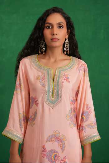 Shop_Swati Vijaivargie_Pink Silk, Organza Split V-neck Printed Embroidered Buta Jaal Kurta Set 