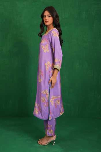 Buy_Swati Vijaivargie_Purple Silk, Organza Round Neck Printed And Embroidered Buta Jaal Kurta Set _Online_at_Aza_Fashions