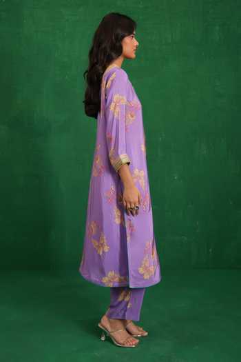 Shop_Swati Vijaivargie_Purple Silk, Organza Round Neck Printed And Embroidered Buta Jaal Kurta Set _Online_at_Aza_Fashions