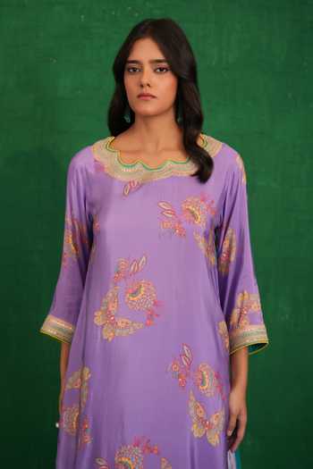 Buy_Swati Vijaivargie_Purple Silk, Organza Round Neck Printed And Embroidered Buta Jaal Kurta Set 