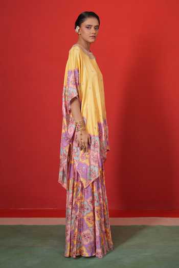 Swati Vijaivargie Yellow Satin, Modal, Bemberg Embroidery Butterfly Short Poncho And Sharara Set Online at Aza Fashions Swati Vijaivargie_Yellow Satin, Modal, Bemberg Embroidery Butterfly Short Poncho And Sharara Set _Online_at_Aza_Fashions