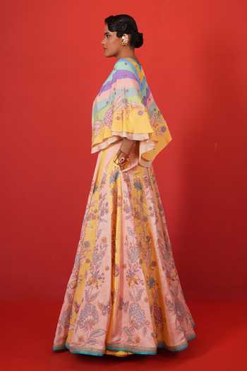 Buy Swati Vijaivargie Multi Color Silk, Satin, Linen Keyhole Neck Butterfly Cape Lehenga Set Online at Aza Fashions Buy_Swati Vijaivargie_Multi Color Silk, Satin, Linen Keyhole Neck Butterfly Cape Lehenga Set _Online_at_Aza_Fashions