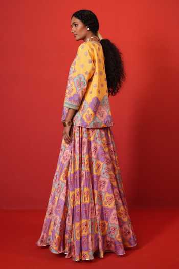 Swati Vijaivargie_Yellow Silk, Modal, Bemberg Round Neck, Scoop Butterfly Print Jacket Lehenga Set _Online_at_Aza_Fashions