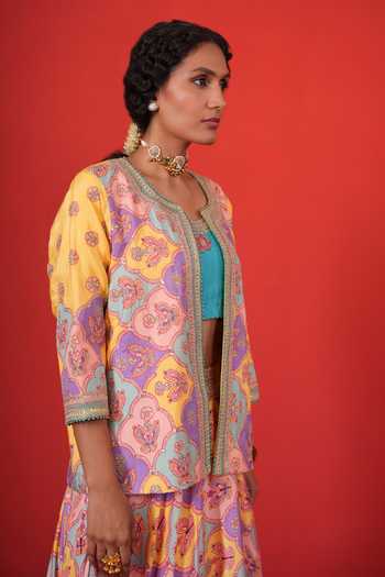 Buy_Swati Vijaivargie_Yellow Silk, Modal, Bemberg Round Neck, Scoop Butterfly Print Jacket Lehenga Set _Online_at_Aza_Fashions