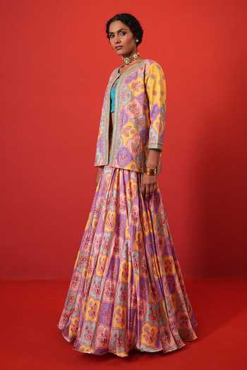 Shop_Swati Vijaivargie_Yellow Silk, Modal, Bemberg Round Neck, Scoop Butterfly Print Jacket Lehenga Set _Online_at_Aza_Fashions