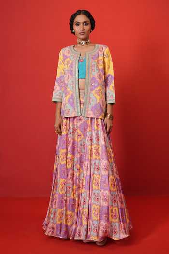 Swati Vijaivargie_Yellow Silk, Modal, Bemberg Round Neck, Scoop Butterfly Print Jacket Lehenga Set _at_Aza_Fashions