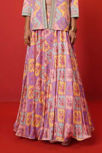 Buy_Swati Vijaivargie_Yellow Silk, Modal, Bemberg Round Neck, Scoop Butterfly Print Jacket Lehenga Set 