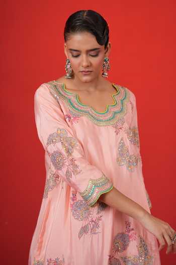 Swati Vijaivargie_Pink Silk, Satin, Modal, Organza Scoop Neck, Butterfly Short Kurta Sharara Set _Online_at_Aza_Fashions