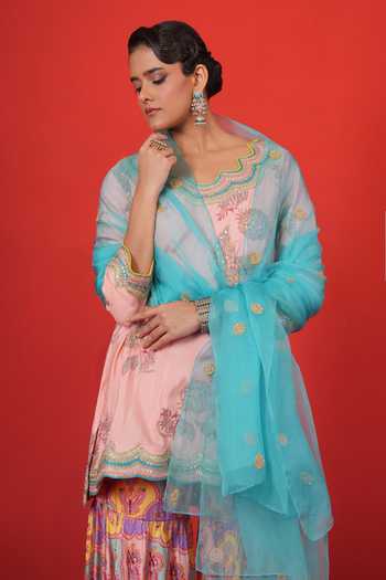 Buy_Swati Vijaivargie_Pink Silk, Satin, Modal, Organza Scoop Neck, Butterfly Short Kurta Sharara Set _Online_at_Aza_Fashions