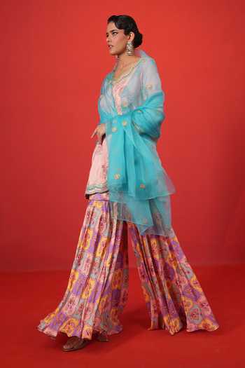 Shop_Swati Vijaivargie_Pink Silk, Satin, Modal, Organza Scoop Neck, Butterfly Short Kurta Sharara Set _Online_at_Aza_Fashions