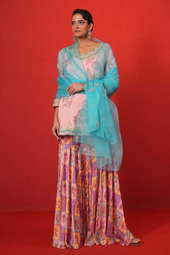 Swati Vijaivargie_Pink Silk, Satin, Modal, Organza Scoop Neck, Butterfly Short Kurta Sharara Set _at_Aza_Fashions