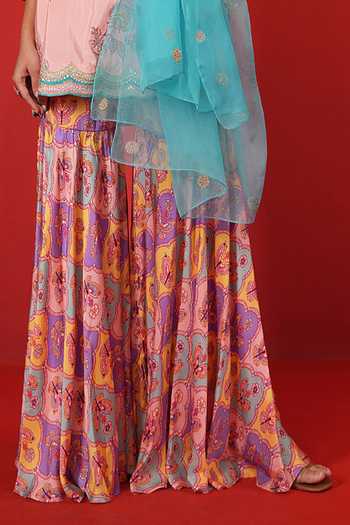 Buy_Swati Vijaivargie_Pink Silk, Satin, Modal, Organza Scoop Neck, Butterfly Short Kurta Sharara Set 