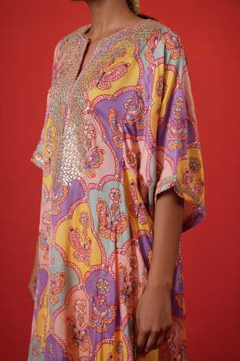 Buy_Swati Vijaivargie_Multi Color Satin, Modal, Bemberg, Silk Butterfly Chameli Kaftan And Pant Set _Online_at_Aza_Fashions