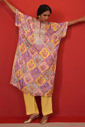 Shop_Swati Vijaivargie_Multi Color Satin, Modal, Bemberg, Silk Butterfly Chameli Kaftan And Pant Set _Online_at_Aza_Fashions