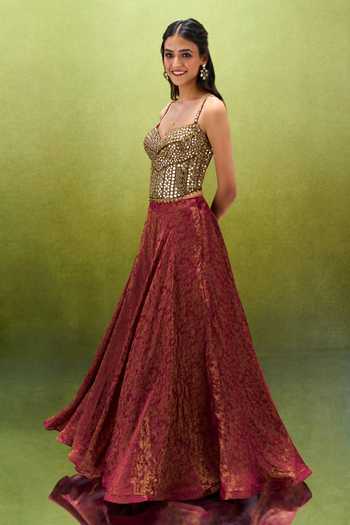 Buy_Samyukta Singhania_Maroon Jacquard Sweetheart Neck Abstract Pattern Lehenga Set 