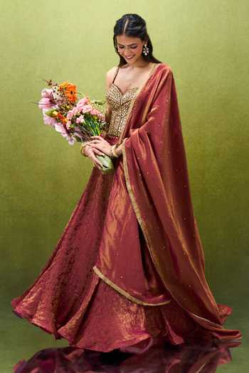 Shop_Samyukta Singhania_Maroon Jacquard Sweetheart Neck Abstract Pattern Lehenga Set 