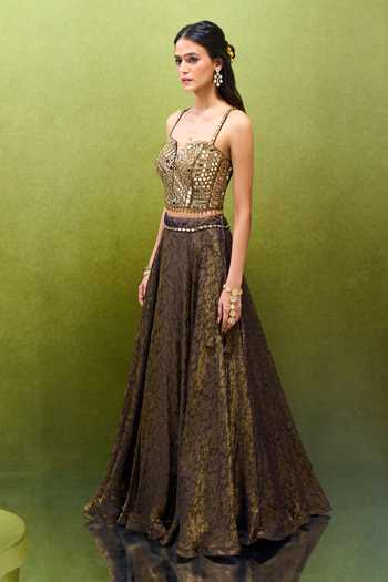 Shop_Samyukta Singhania_Green Jacquard Sweetheart Neck Woven Lehenga Set _Online_at_Aza_Fashions