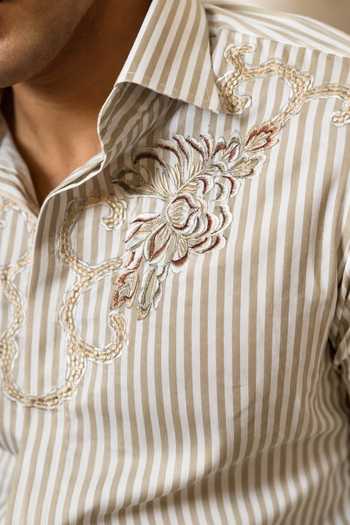 Buy_Menoir_White Cotton Ornate Stripe Shirt _Online_at_Aza_Fashions