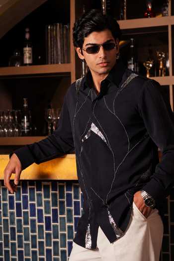 Menoir_Blue Metallic Embellished Shirt _Online_at_Aza_Fashions