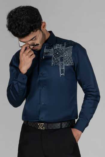 Menoir_Blue Ethnic Side Embroidered Shirt _Online_at_Aza_Fashions