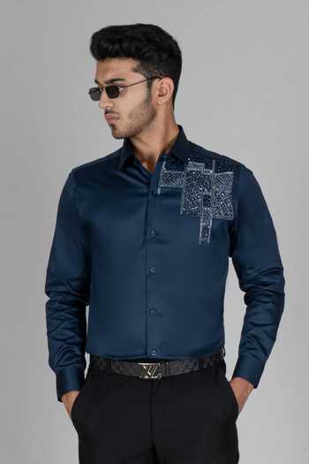 Menoir Ethnic Side Blue Embroidered Shirt 