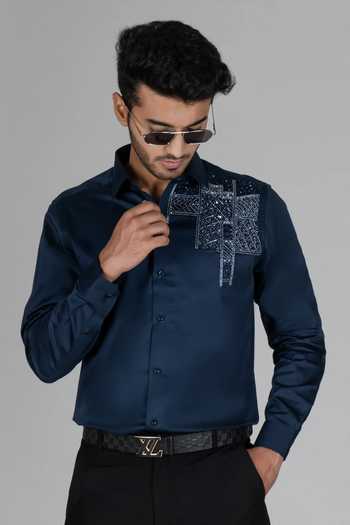Buy_Menoir_Blue Ethnic Side Embroidered Shirt _Online_at_Aza_Fashions