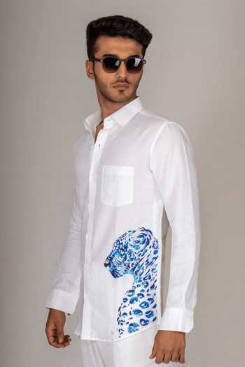Buy_Menoir_White Cheetah Hand Painted Shirt _Online_at_Aza_Fashions