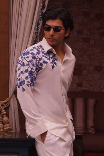 Menoir White Floral Placement Embroidered Shirt Online at Aza Fashions Menoir_White Floral Placement Embroidered Shirt _Online_at_Aza_Fashions