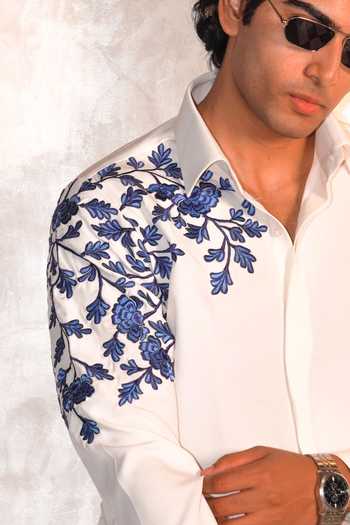 Buy Menoir White Floral Placement Embroidered Shirt Online at Aza Fashions Buy_Menoir_White Floral Placement Embroidered Shirt _Online_at_Aza_Fashions