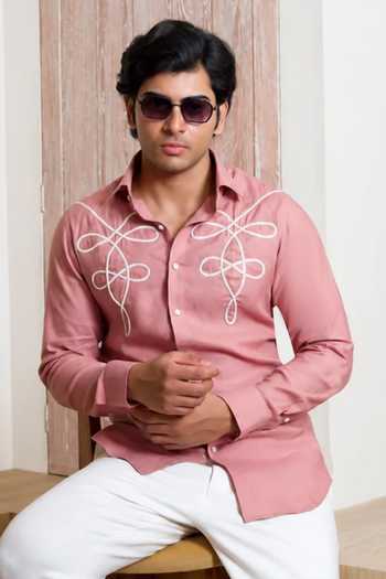 Menoir Pink The Court Knot Linen Shirt Online at Aza Fashions Menoir_Pink The Court Knot Linen Shirt _Online_at_Aza_Fashions